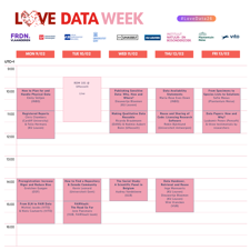 Schedule of events for Love Data Week, featuring dates and times of various sessions highlighted in pink.