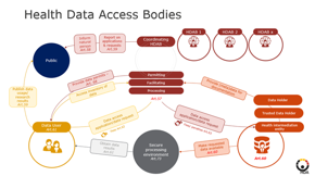 Diagram of health data access structures, featuring various role and responsibility components for the Public, Data Users, and Coordinating Health Data Access Units.