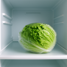 A head of lettuce wrapped in plastic inside an empty refrigerator.