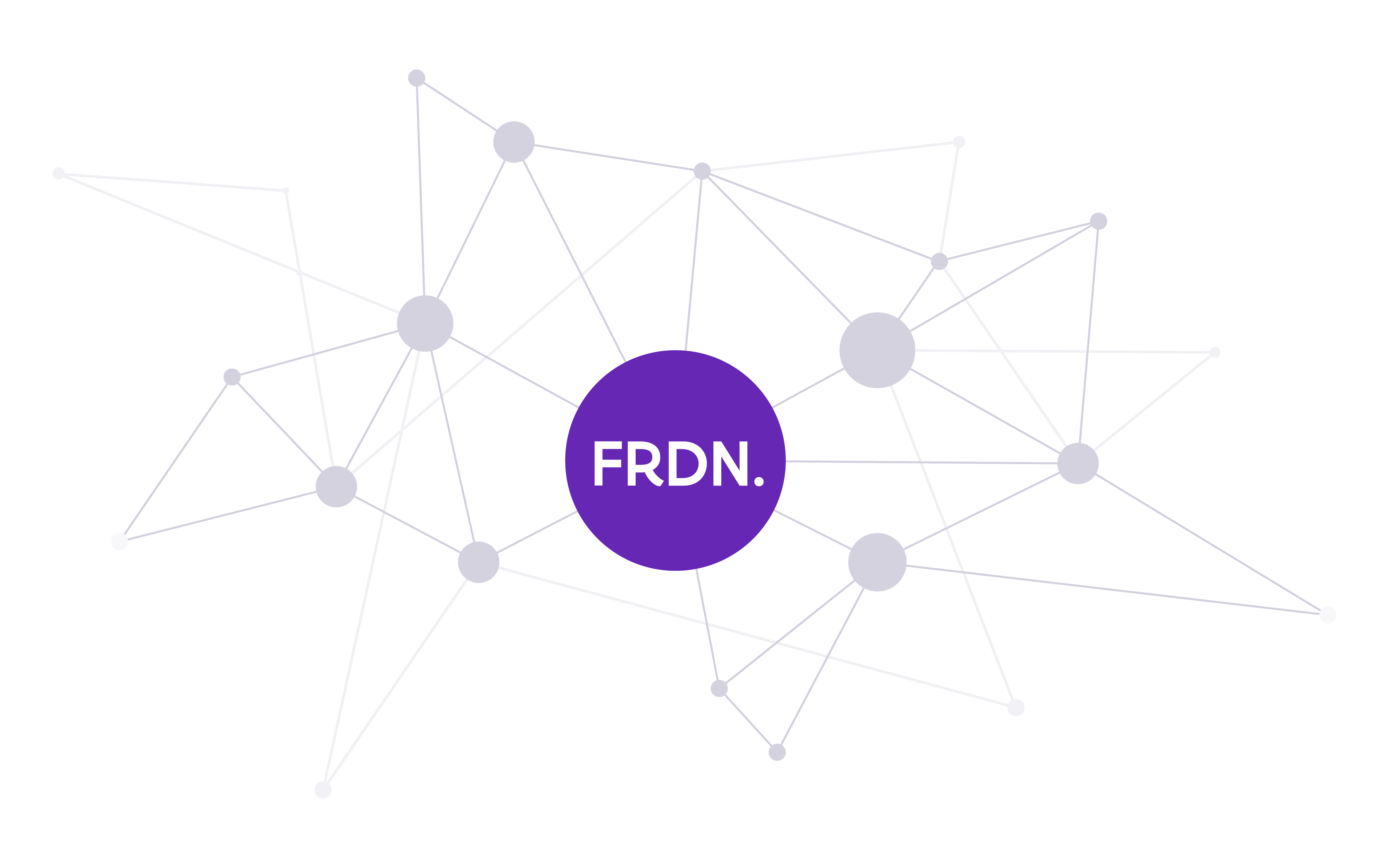 FRDN in a purple circle. Out of this circle there are other little grey ones connected to it like a network.